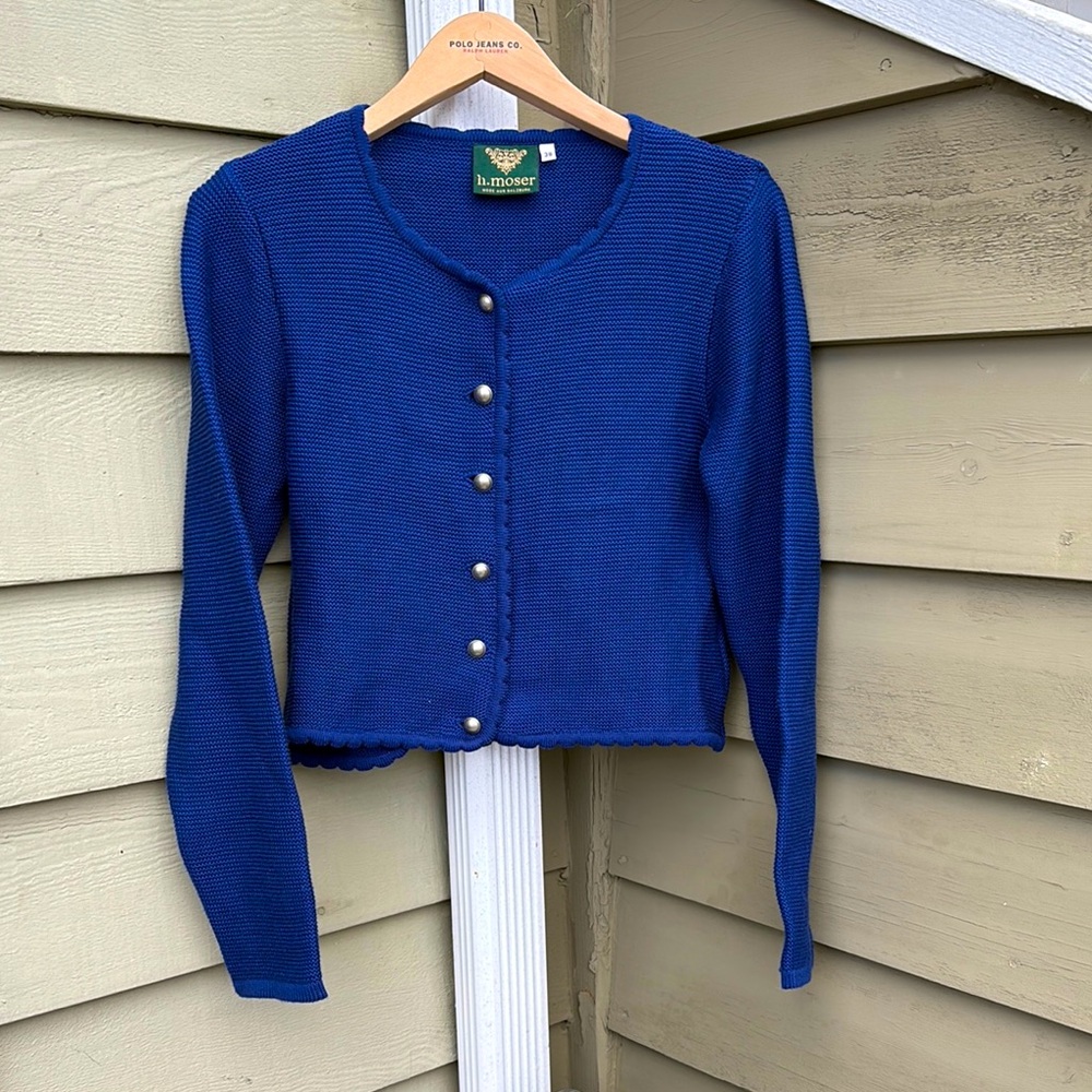 NWOT H Moser Cobalt Blue Button-Up Cardigan with incredible edging. Sz EU 38